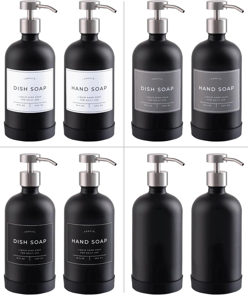 Verute Hand and Dish Soap Dispenser for Kitchen and Bathroom, Set of 2 16 Oz Glass Bottles, Stainless Steel Pumps, Non-Slip Silicone Base, 27 Waterproof Labels (Matte Black Bottle/Brushed Silver Pump) - Image 5